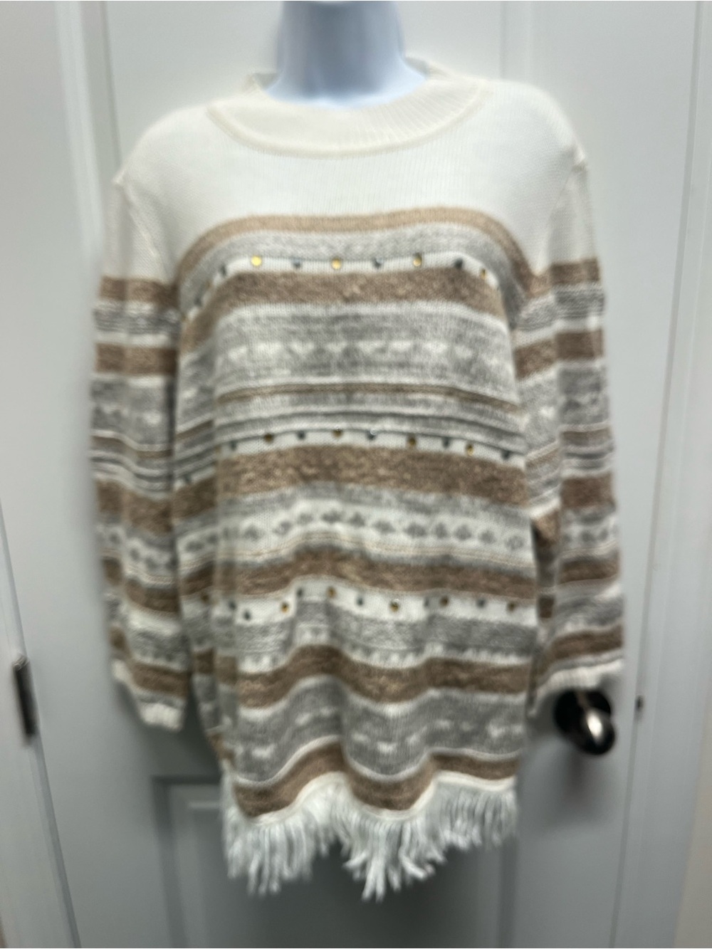 Alfred Dunner Fringe Hem Stripe Rhinestone Sweater Ivory Tan Gray XL